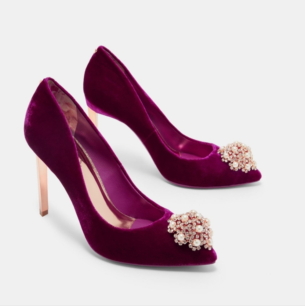 TED BAKER Peetch Embellished Mink Velvet Heels - Picture 1 of 4